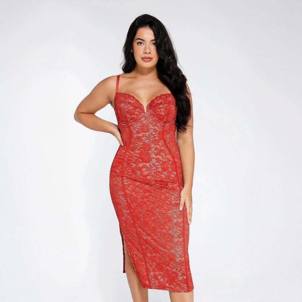 NWT Popilush Shapewear All-Lace Hourglass Corset Side Slit Midi Dress Sz Medium